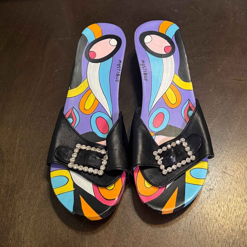Boho Mystique Boutique Black Sandals with Vibrant Multicolor Pattern - Picture 4 of 10